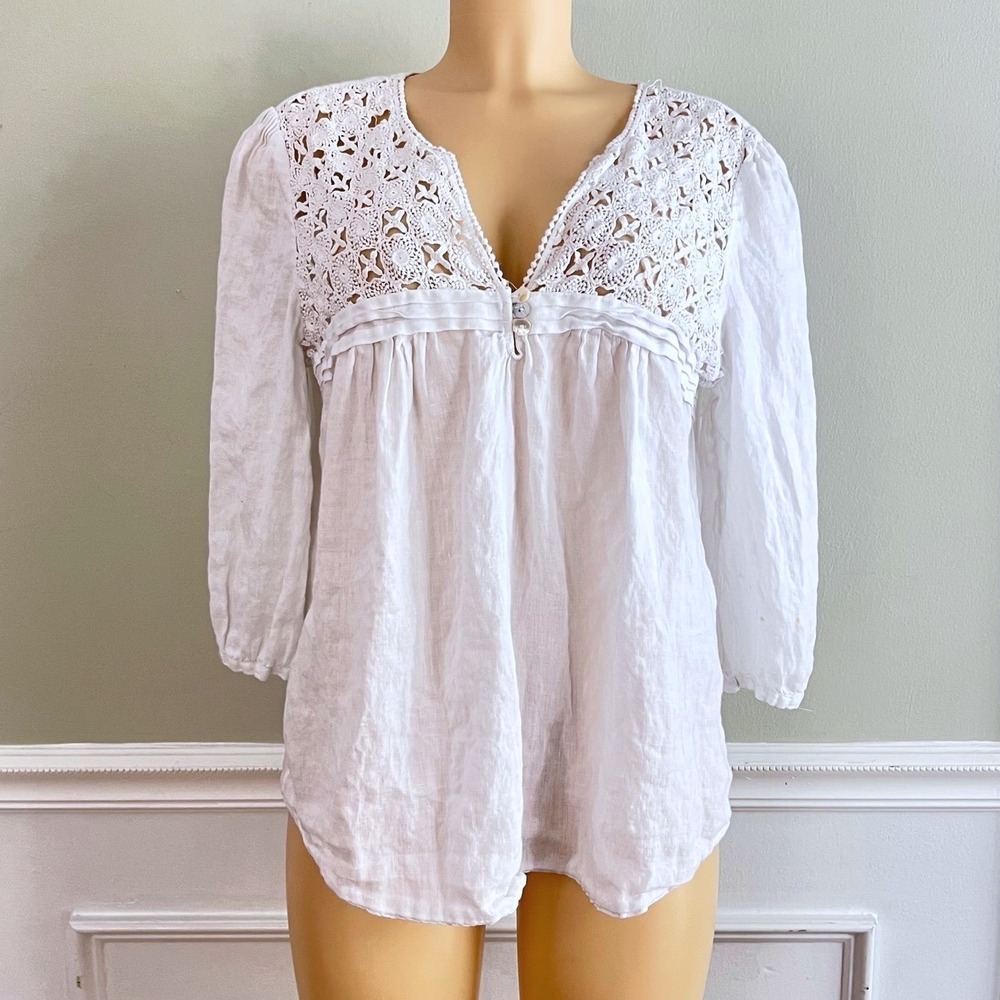 Malvin Beachy Summer Linen Blouse Womens Crochet Lace V-Neck White Boho Classic